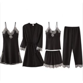 French Pajamas Spring And Summer Thin Ice Silk Nightdress Five-piece Suit (Option: Black-M)