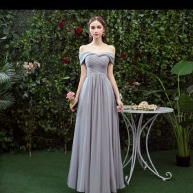 Bridesmaid Long Gray Bridesmaid Sisters Wedding Slimming Off-shoulder Banquet Dress (Option: Gray E-S)