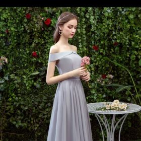 Bridesmaid Long Gray Bridesmaid Sisters Wedding Slimming Off-shoulder Banquet Dress (Option: Gray F-L)
